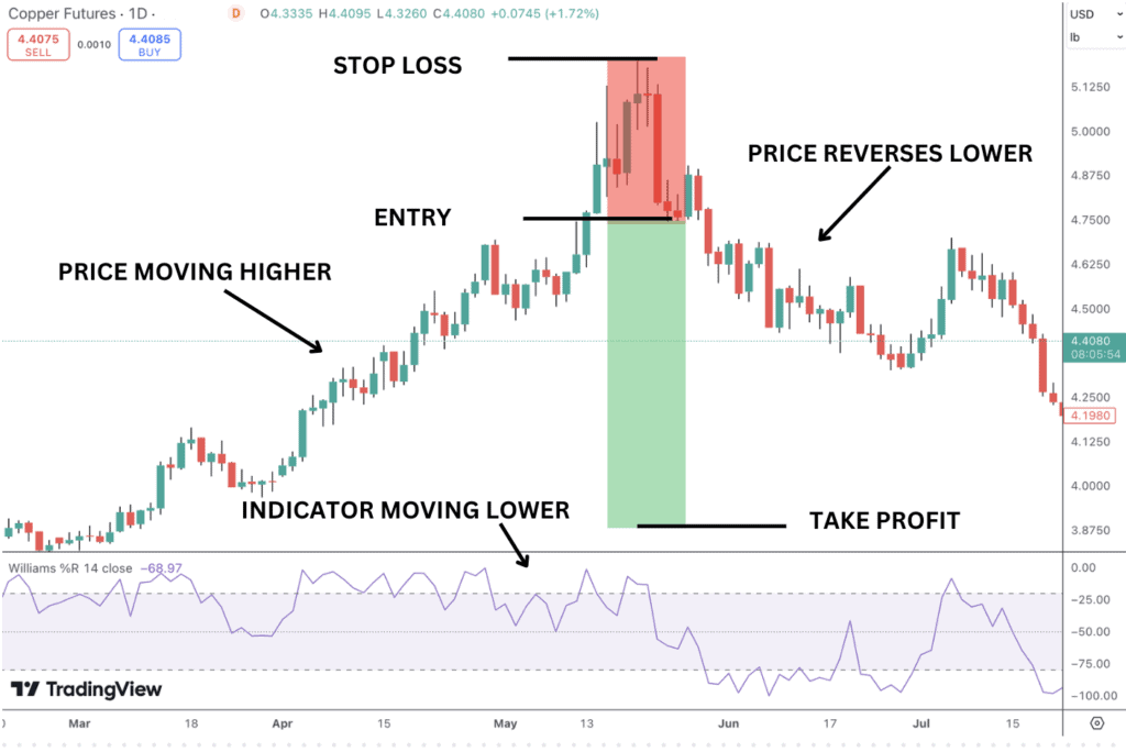 Williams %R bearish divergence leading to lower prices and bearish trade setup.