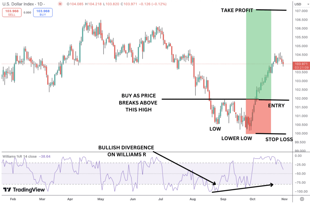 Williams %R bullish divergence is used to identify a bullish trend reversal.