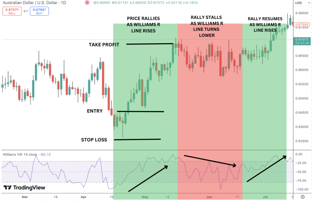 Williams %R line is used to identify changes in price momentum and trends.