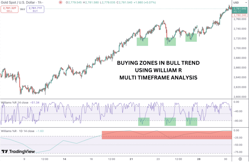 Williams %R with buy zones in a robust bull trend.