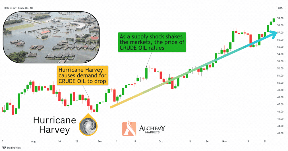 The price of oil rises after Hurricane Harvey's landfall.