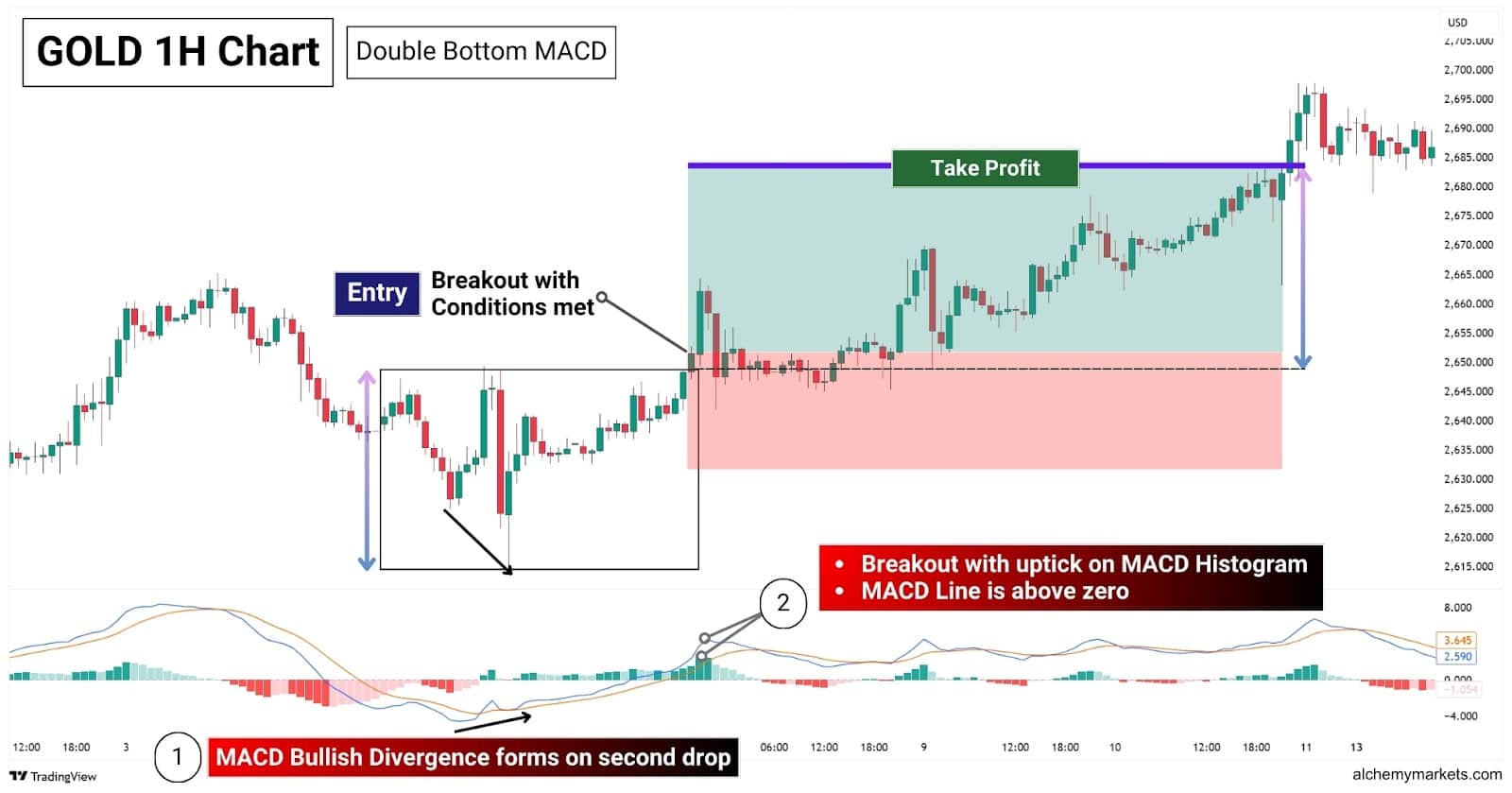 Double bottom pattern with MACD.