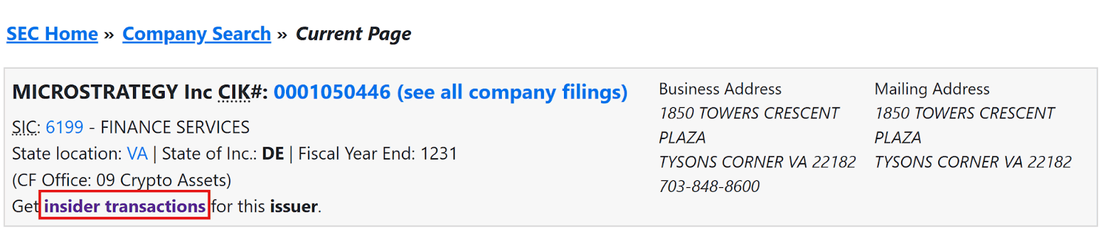 SEC company profile for MicroStrategy Inc. showing CIK number, business details, and a link to insider transactions.