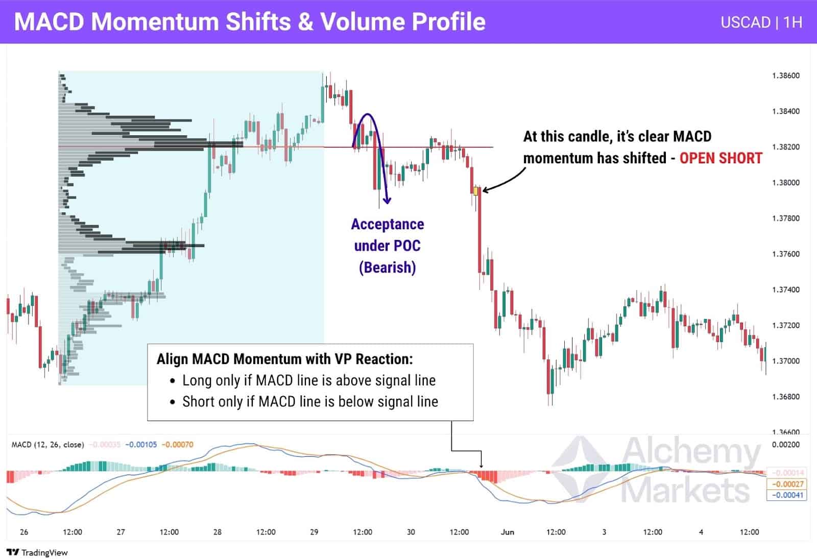 MACD momentum used for filtering trades taken with the Volume Profile's core principles.