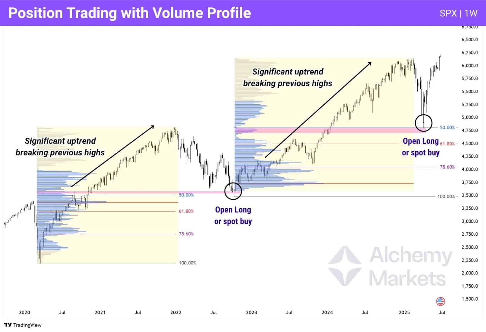 Volume Profile chart, on the SPX 1 week timeframe, used for position trading long term spot positions.