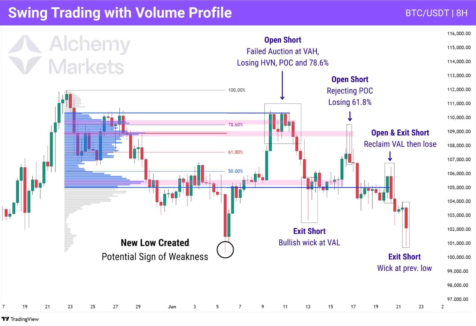 Volume Profile Chart on the Bitcoin 8H timeframe, used for Swing Trading.