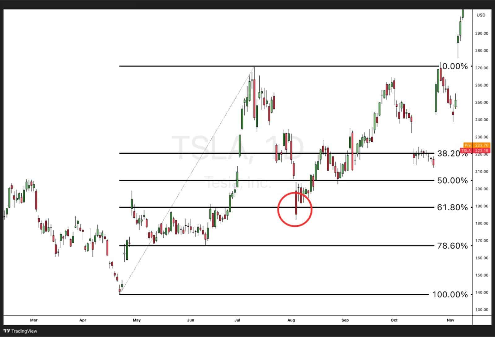 TSLA daily chart using Fibonacci retracement; price bounces near 61.8% level acting as strong support.