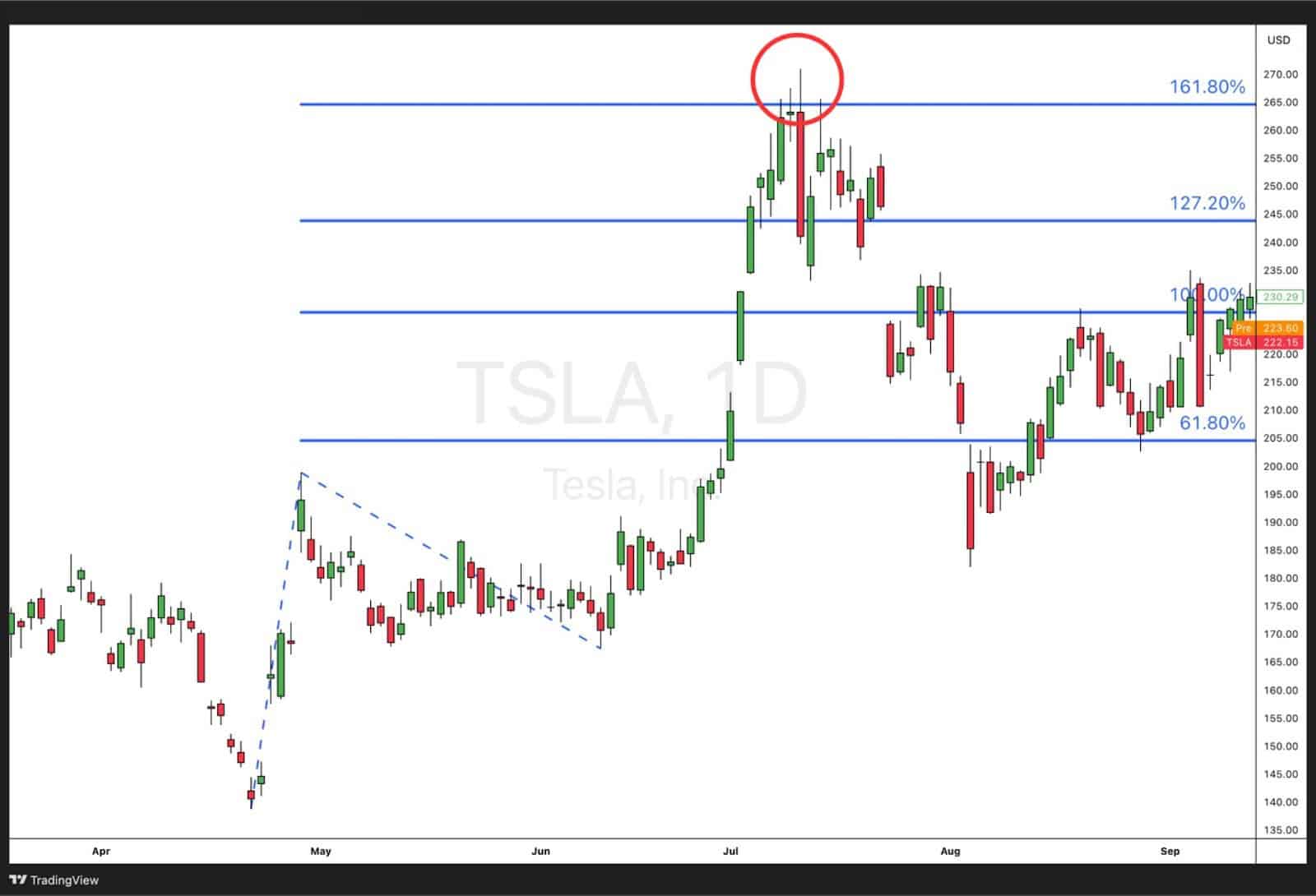 TSLA daily chart showing price rejection at the 161.8% Fibonacci extension level, marked with a red circle.