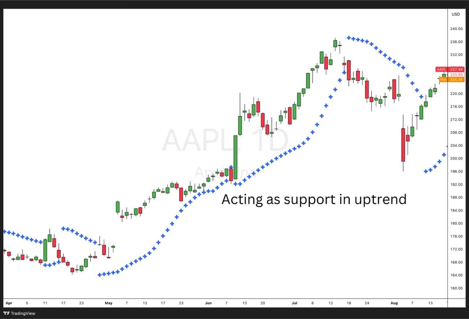 AAPL daily chart using Parabolic SAR; blue dots trail below price, acting as support during the uptrend.