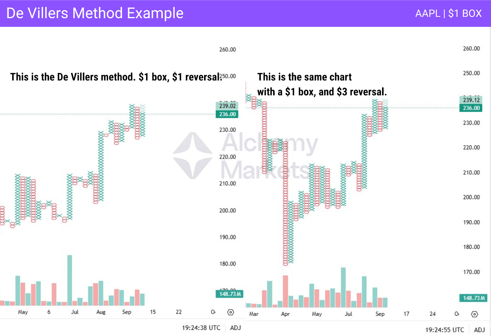 Point and Figure chart De Villers method $1 reversal