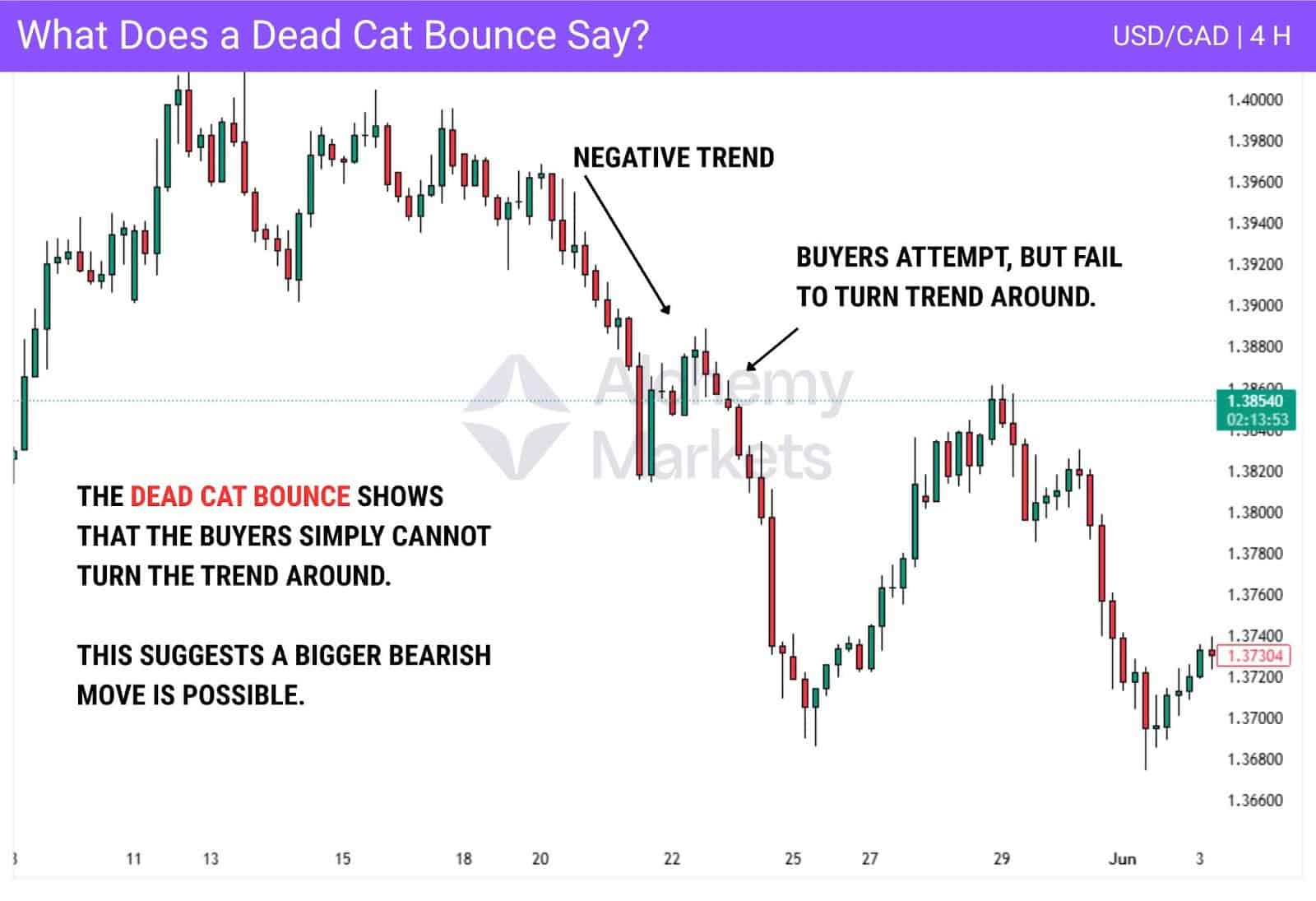 USD/CAD chart shows failed buyer rally and bearish continuation.