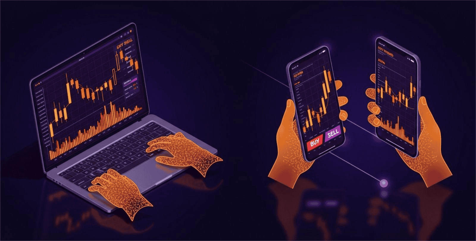 isometric mesh of user trading on a laptop, while another user to copying their trades on mobile.