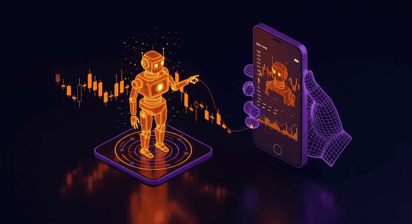 A glowing robot and candlestick charts represent AI-driven mirror trading synced with a mobile device.