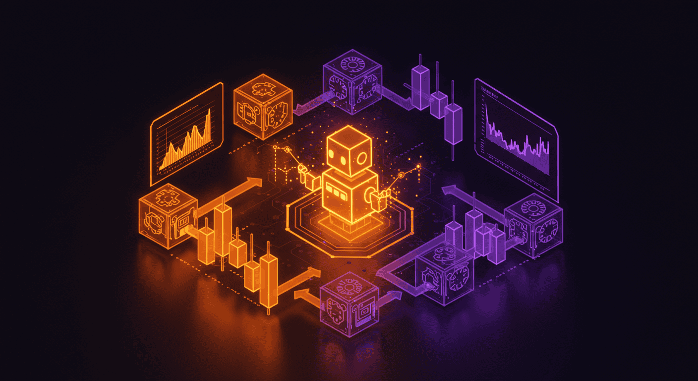 Glowing robot at center of data network, processing charts and candlestick feeds for automated trading.
