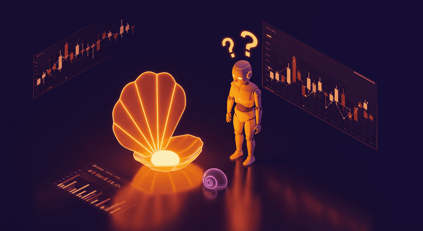 Robot with question marks looks at glowing pearl in shell, surrounded by charts and a purple snail.