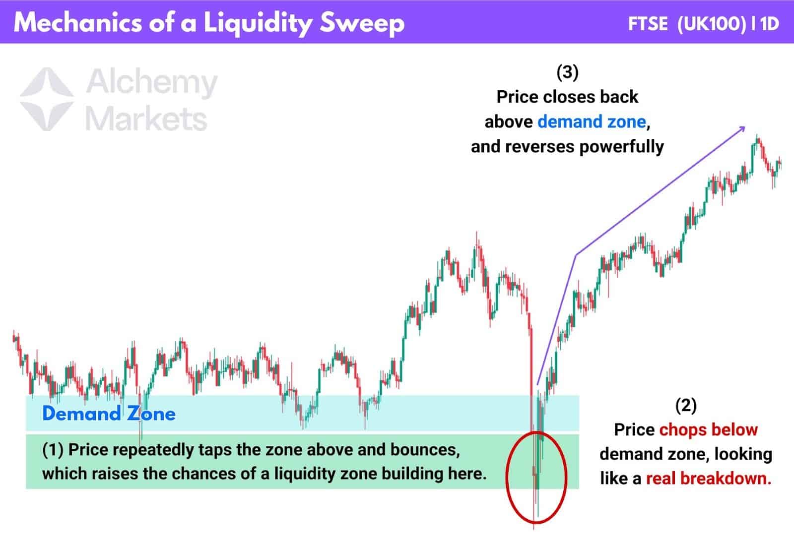 Price taps demand zone, breaks below briefly, then reverses strongly above the zone.