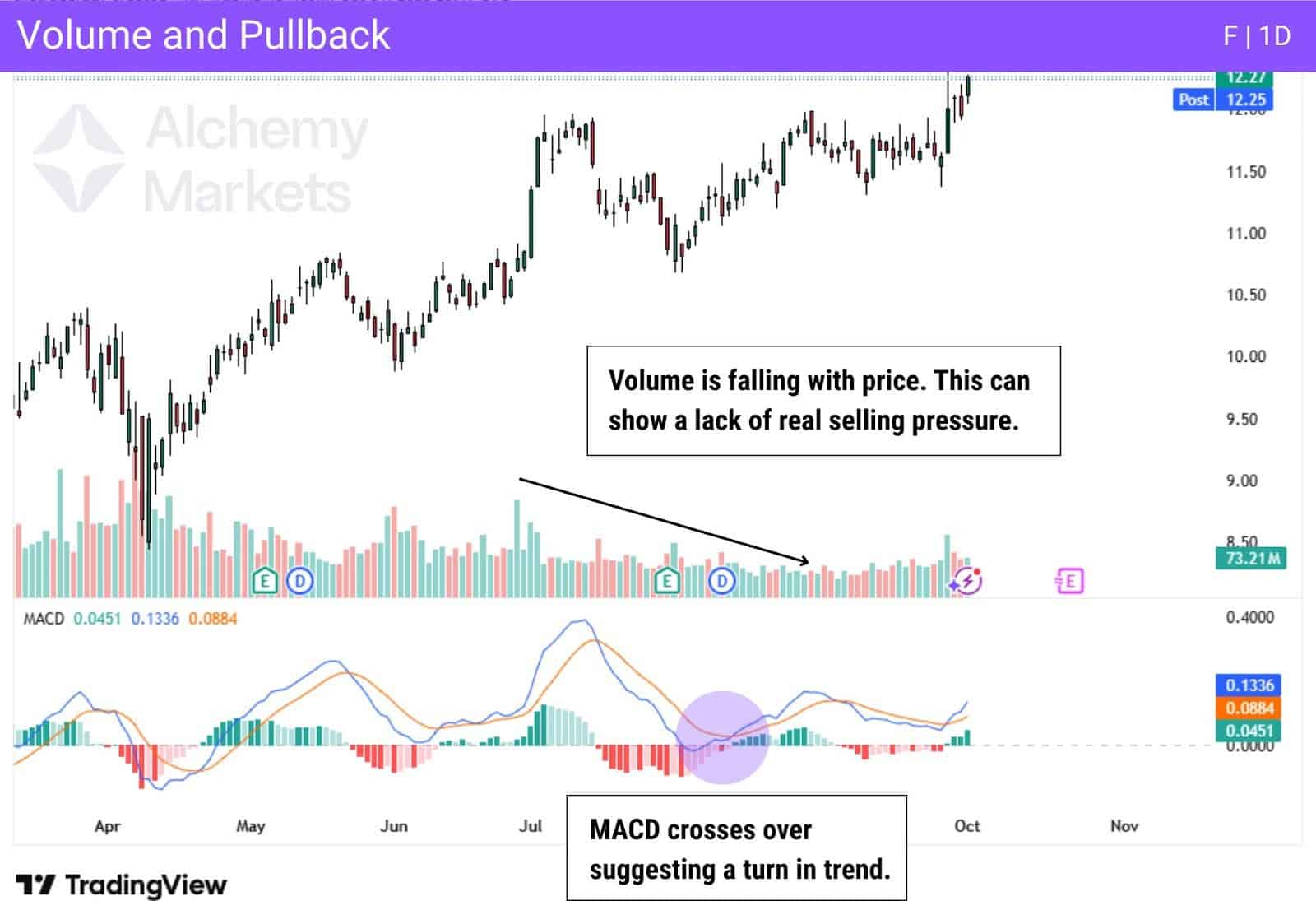 F 1D chart shows falling volume with price pullback and MACD crossover, hinting at weak selling and trend shift.