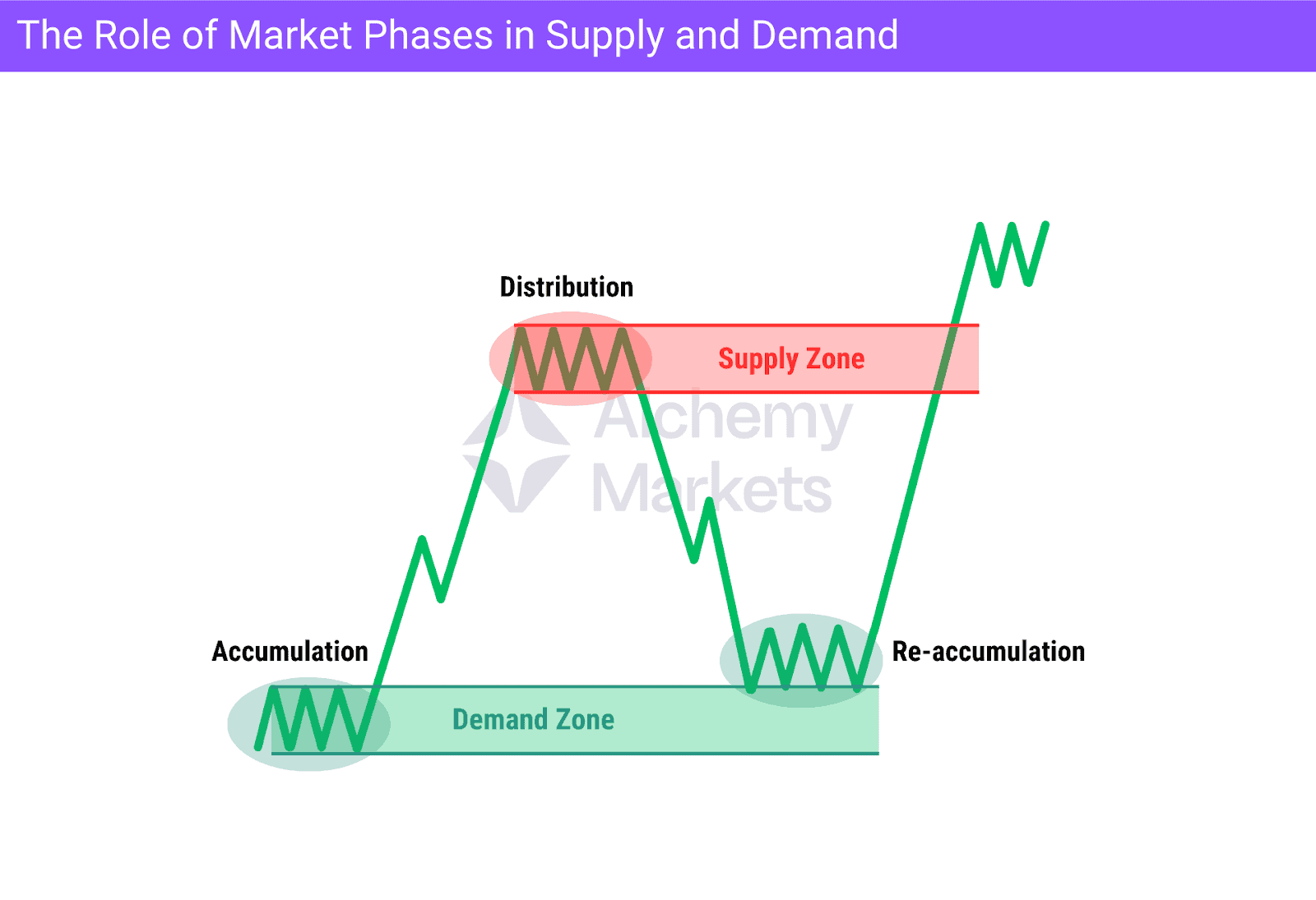 A diagram showing the roles of accumulation, distribution, and re-accumulation within a bullish trend.