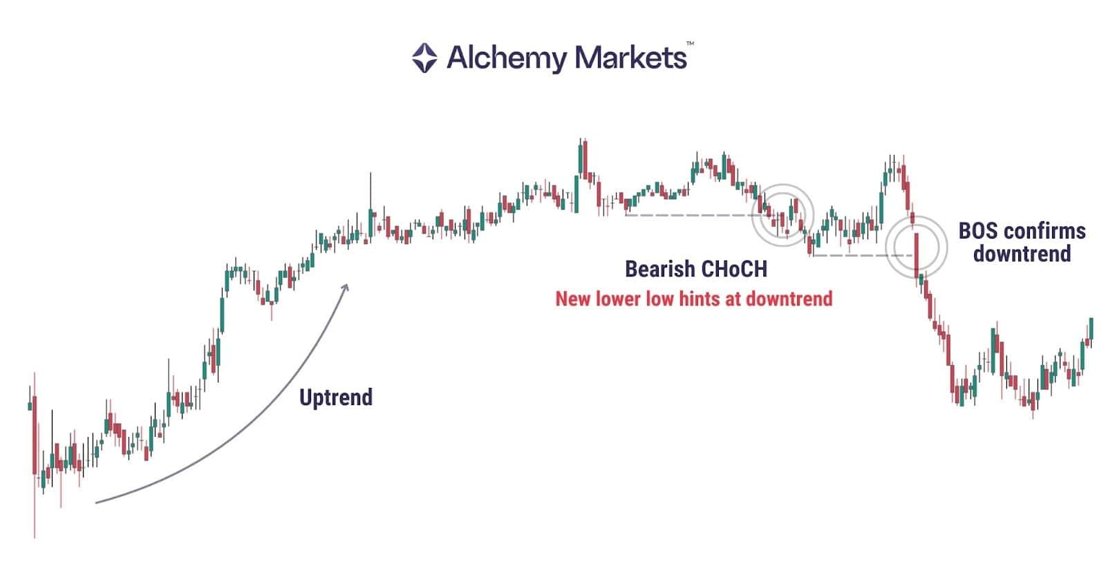 Bearish CHoCH example showing break of higher low confirming new downtrend
