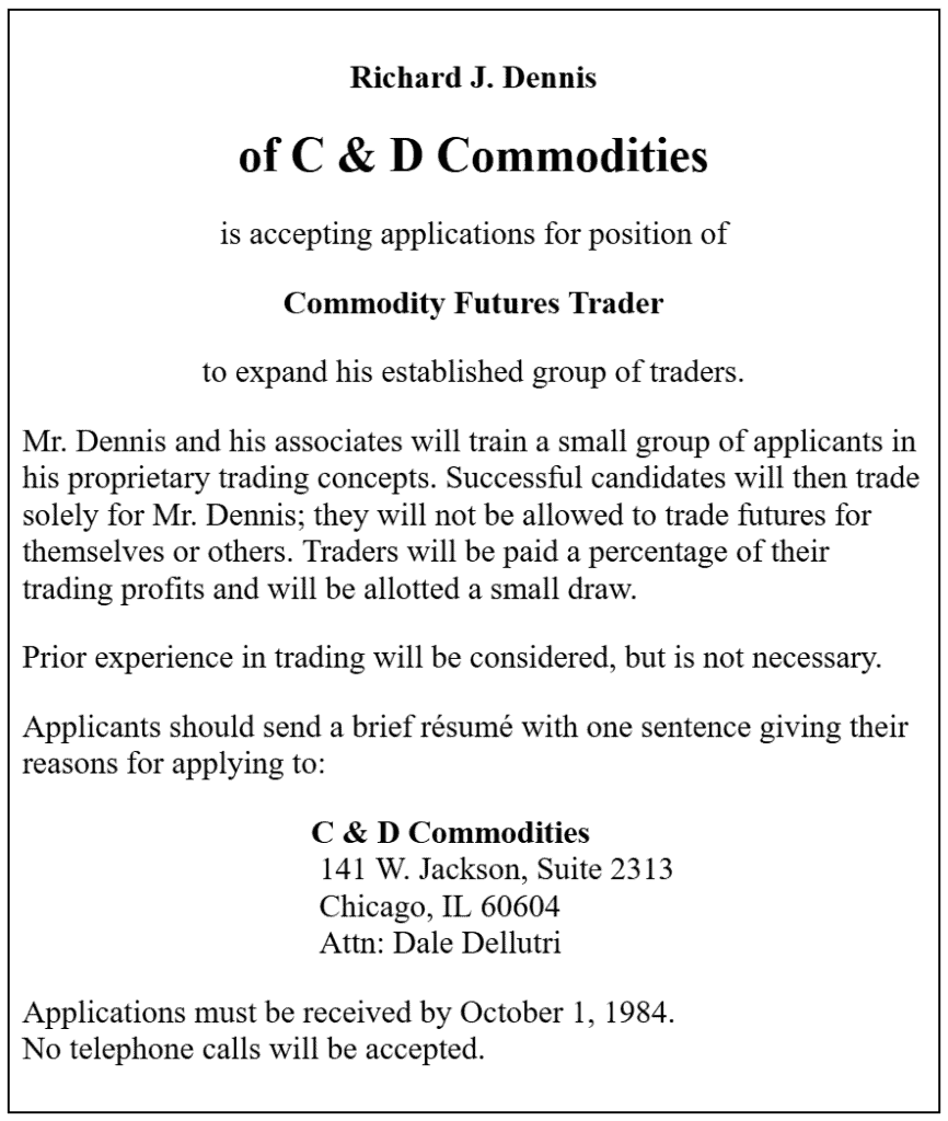 A restored copy of Richard J Dennis's 'Turtle Traders' ad in the Wall Street Journal, Barron's, and The New York Times in 1983.