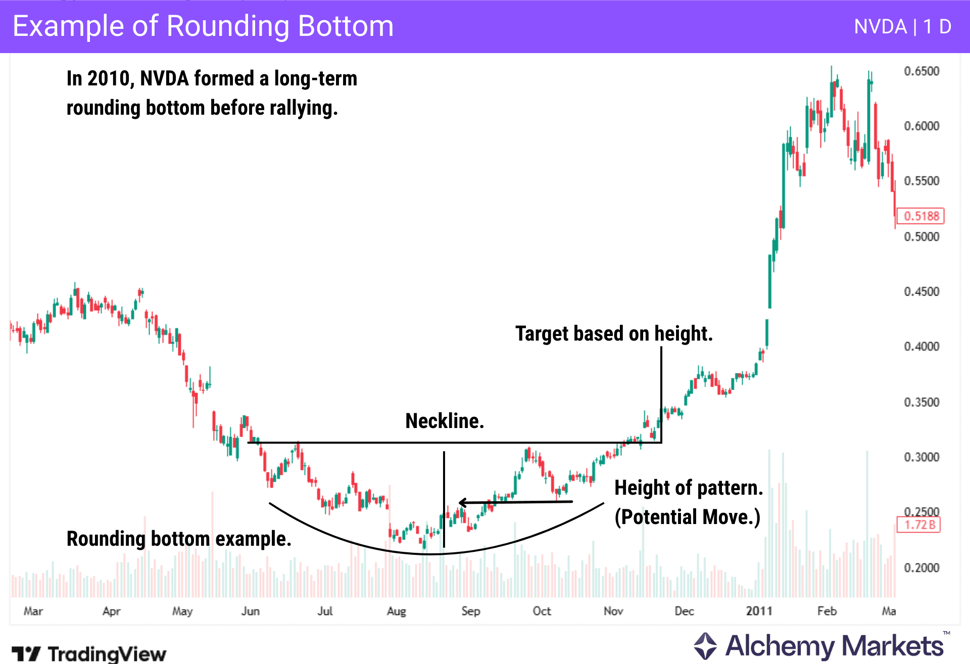 Rounding Bottom pattern on the NVDA chart in 2010, which was a massive accumulation phase before a large breakout.