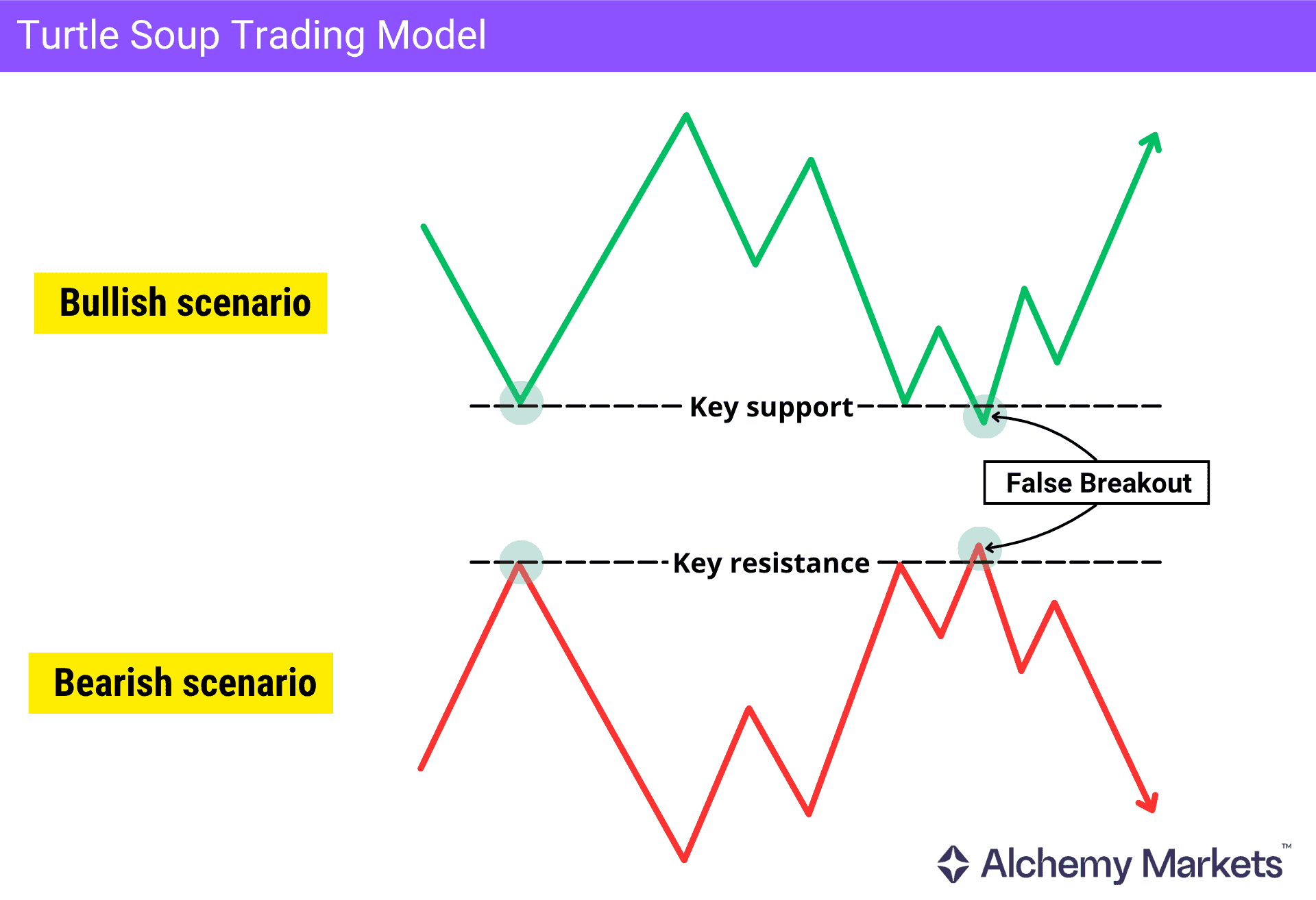 Visual representation of a bullish and bearish turtle soup setup.
